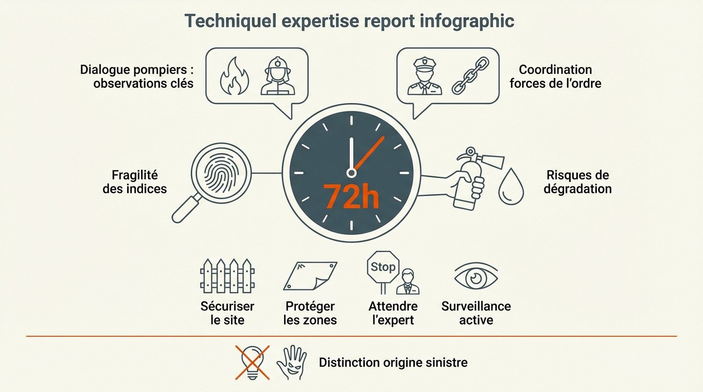 Infographie sur les étapes de l'expertise technique incendie et la gestion des preuves