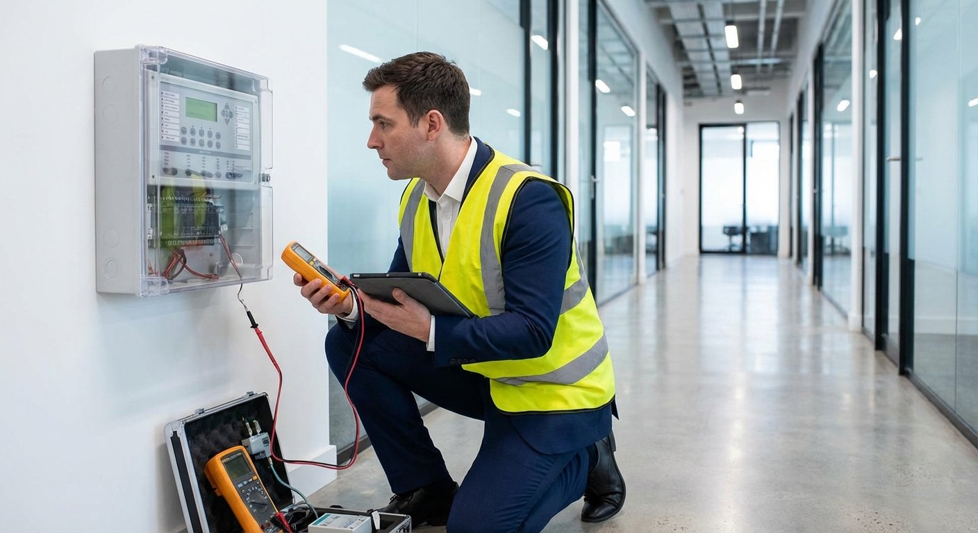Ingénieur sécurité incendie inspectant un système de détection dans un bâtiment
