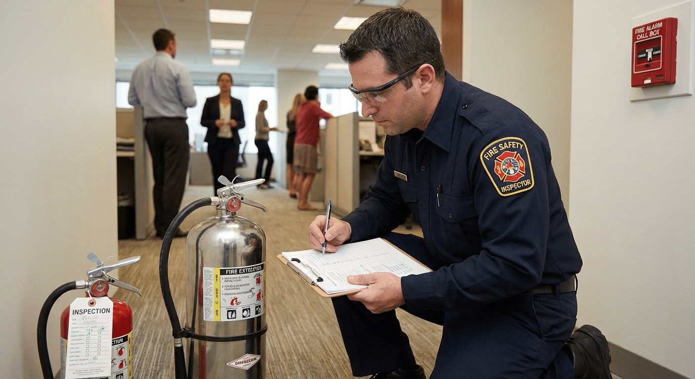Inspecteur verifiant et certifiant des extincteurs dans un batiment commercial