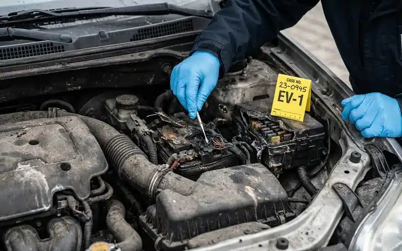 Inspection du compartiment moteur d'un vehicule incendie