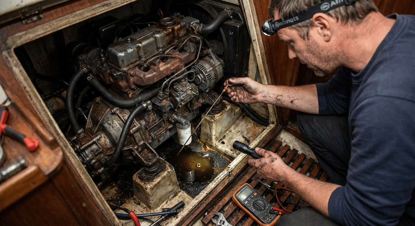 Inspection du compartiment moteur diesel d un voilier et de la cale