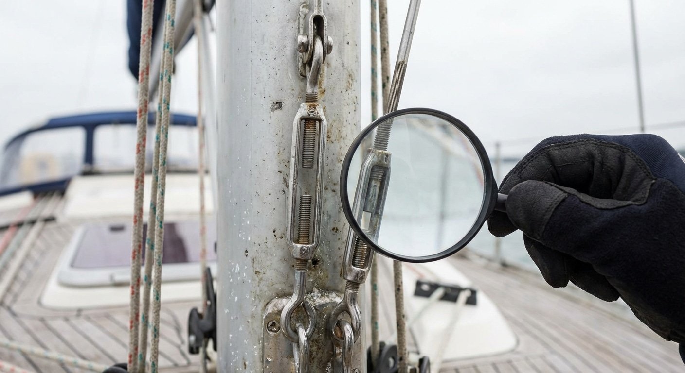 Inspection du greement dormant sur un mat de voilier ridoirs et terminaux