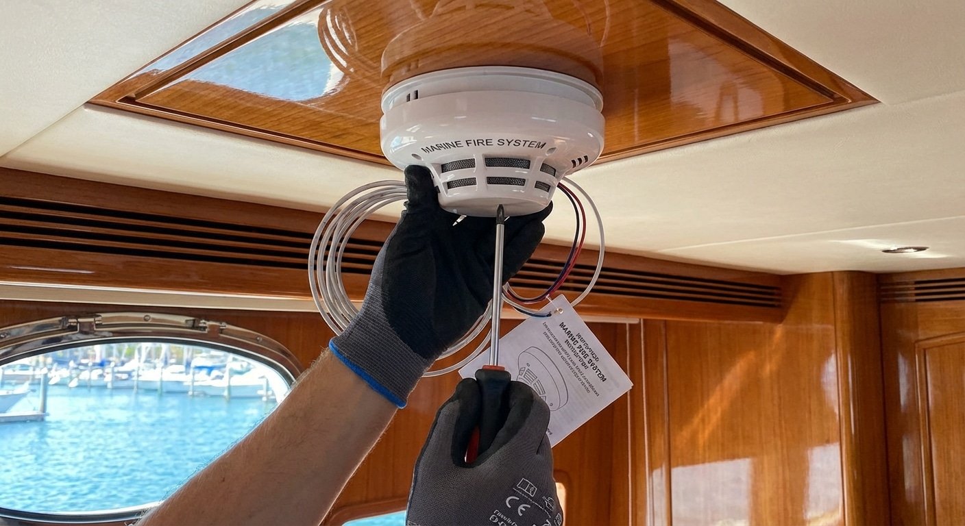 Installation detecteur de fumee sur plafond de yacht