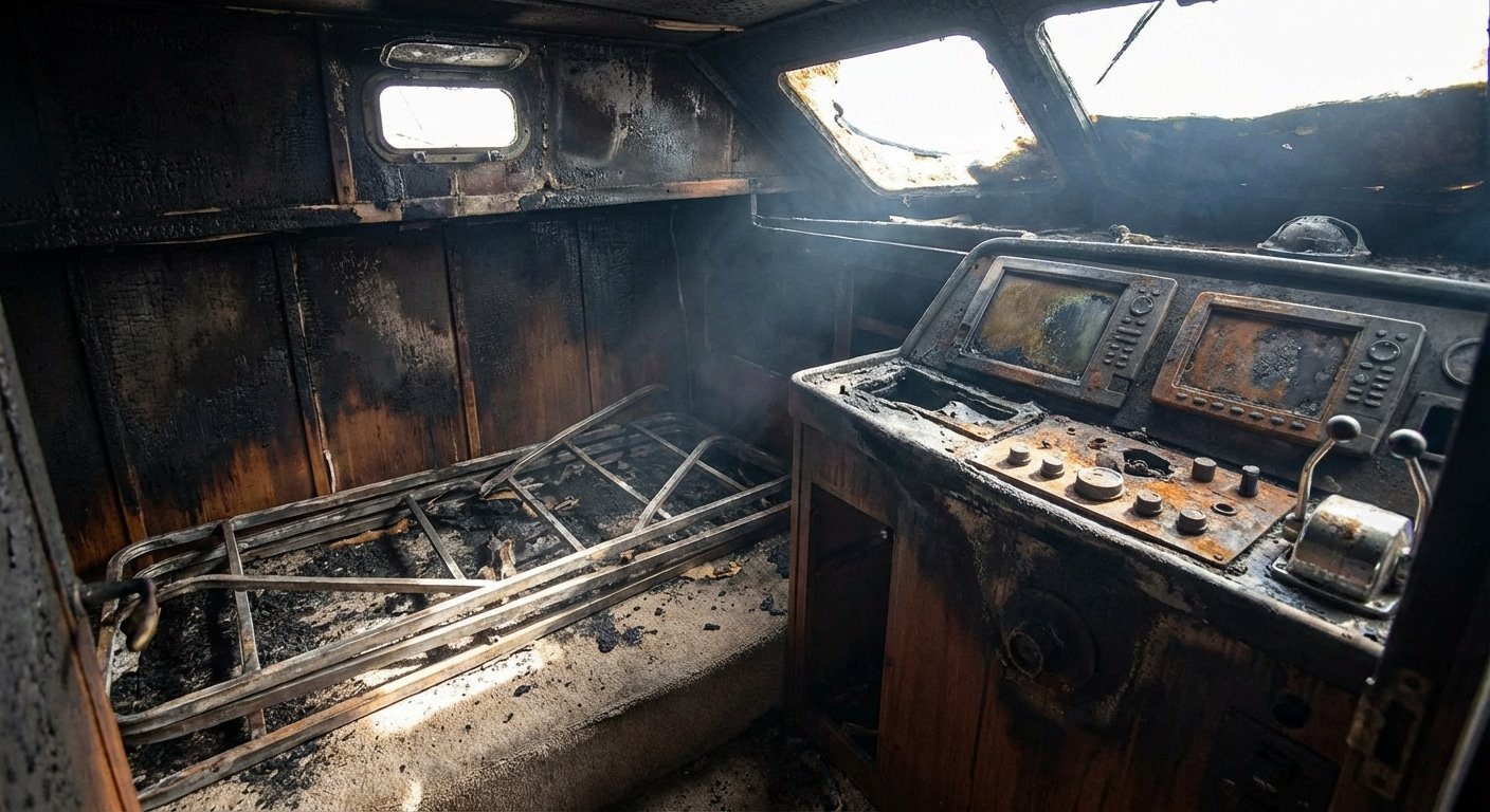 Interieur de cabine de yacht apres incendie maritime