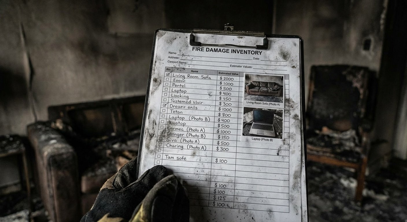 Inventaire detaille des dommages apres incendie avec photos et estimations