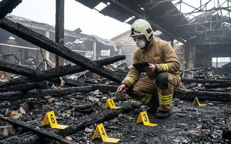 Investigateur incendie examinant les debris sur le terrain