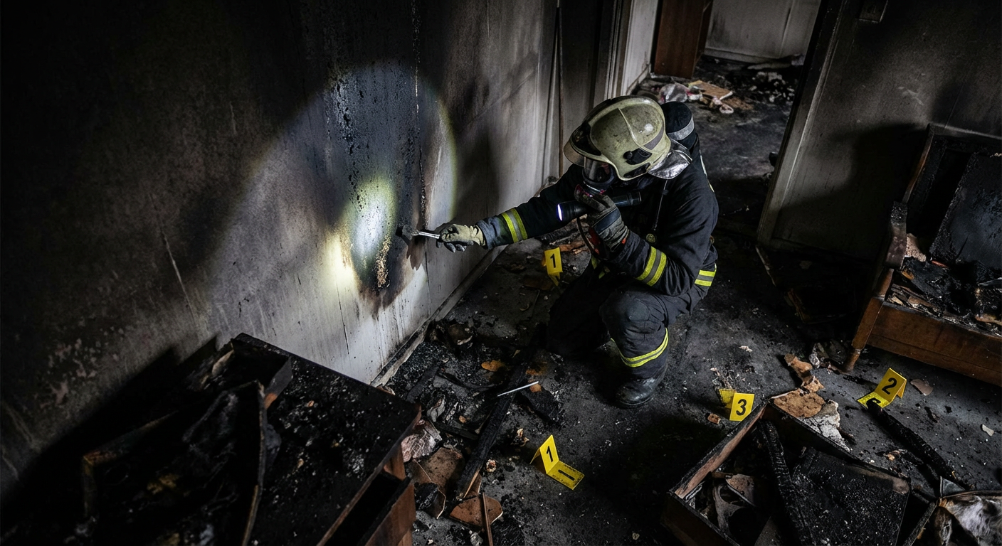 Investigateur incendie examinant les traces de brulure - Fire Forensic