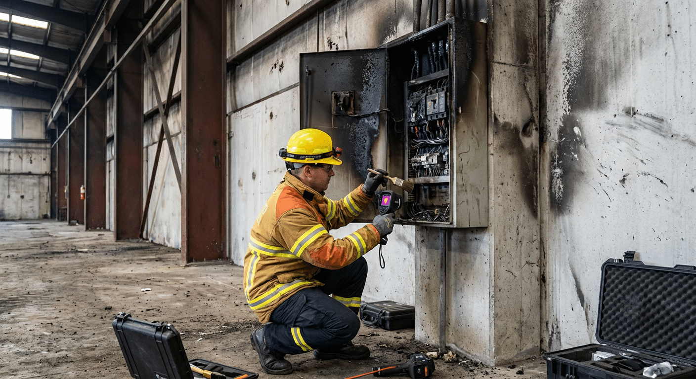 Investigateur examinant panneau electrique apres incendie industriel