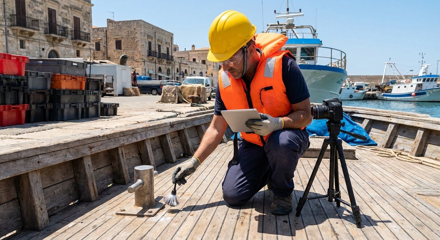 Investigateur maritime collectant des preuves sur le pont