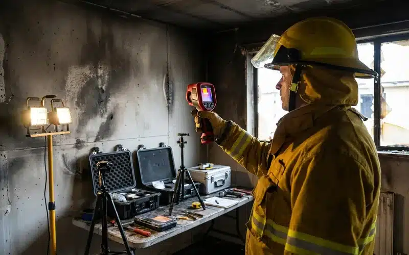 Investigateur utilisant une camera thermique pour analyser un incendie
