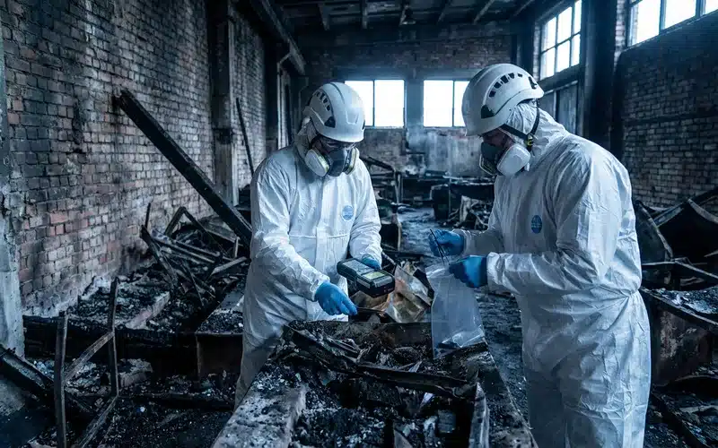 Investigateurs incendie examinant les restes carbonises