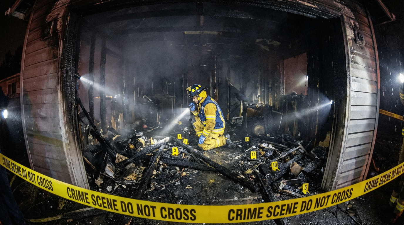 Investigation incendie criminel - expert RCCI examinant les traces de feu volontaire sur une scene de sinistre