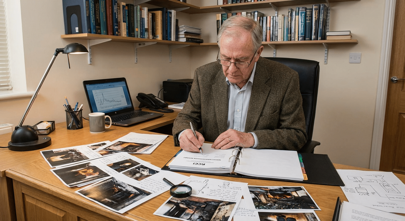 Expert en recherche des causes d incendie redigeant un rapport RCCI detaille avec photographies de la scene