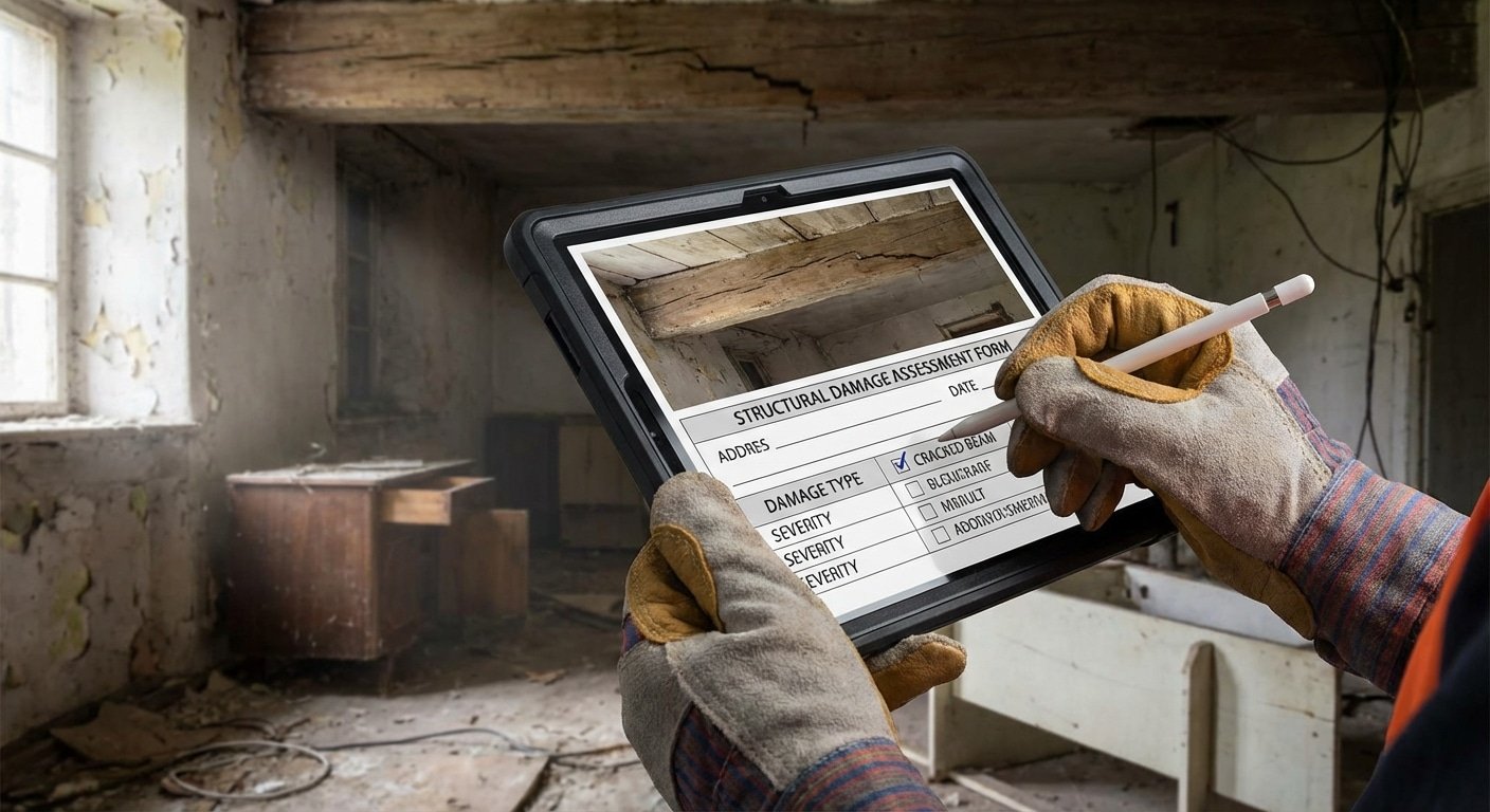 Formulaire detaille d evaluation des dommages structurels rempli par un expert dans une piece sinistree