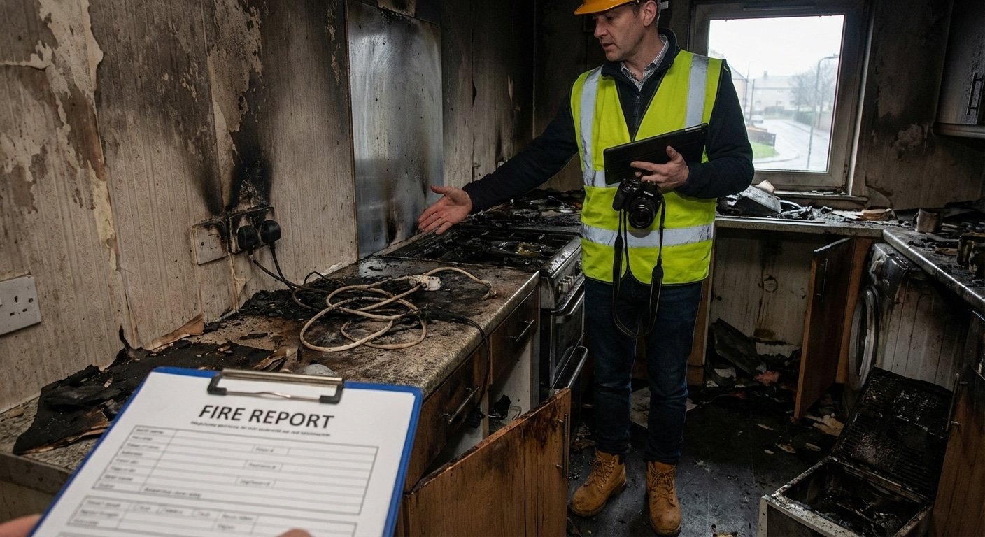 Expert d assurance documentant les preuves de negligence dans une cuisine endommagee par le feu