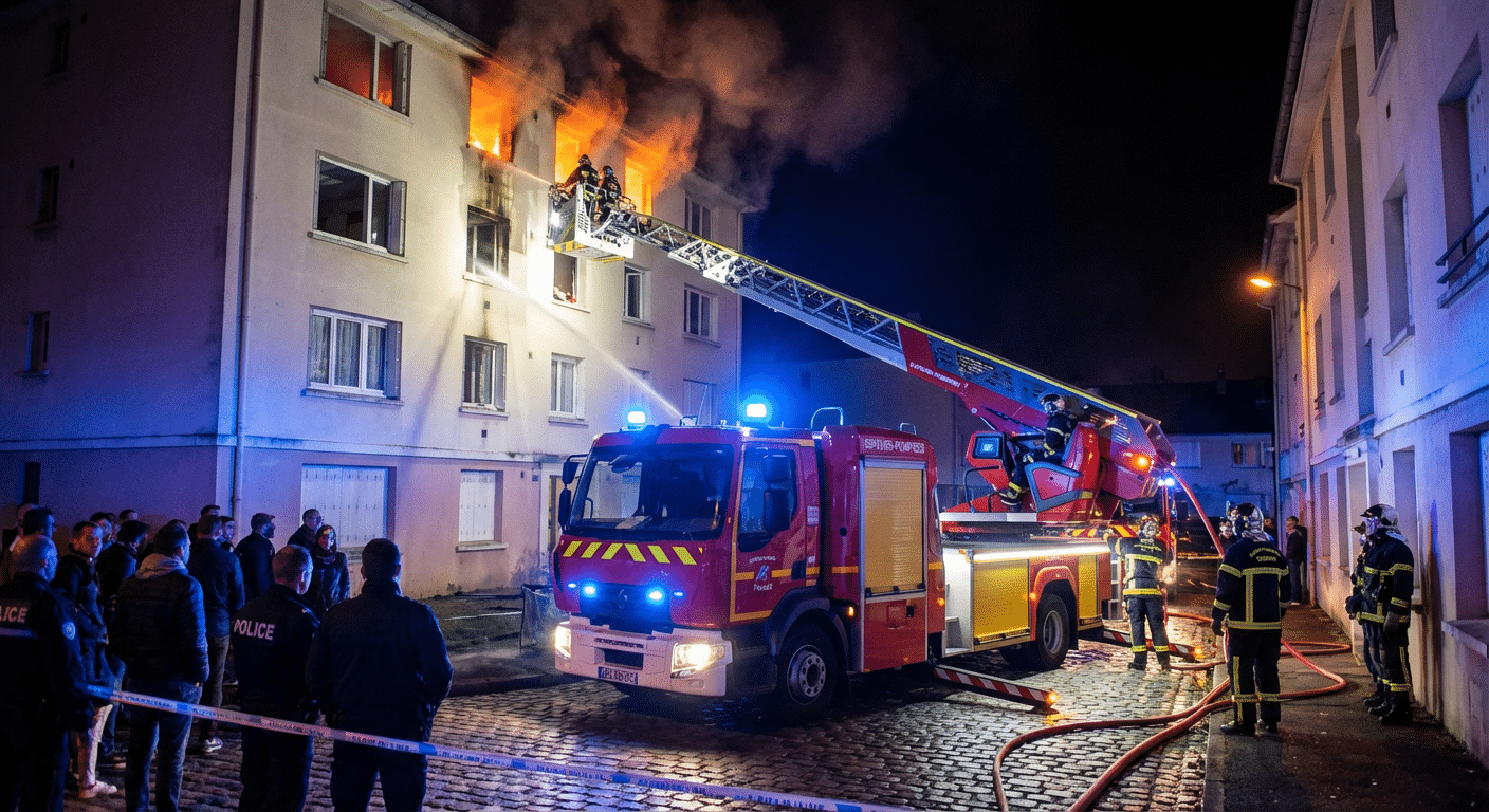 Pompiers francais intervenant sur un incendie residentiel de nuit