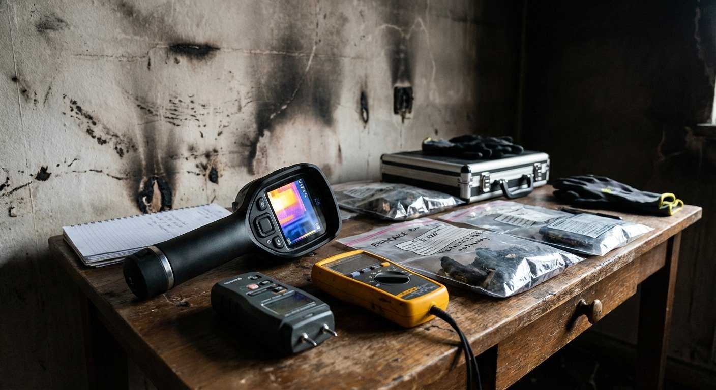 Équipement d'investigation incendie : caméra thermique et outils de diagnostic