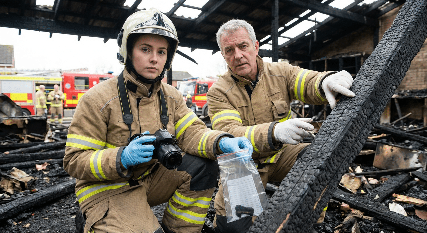 Jeune investigateur incendie sur le terrain collectant des preuves