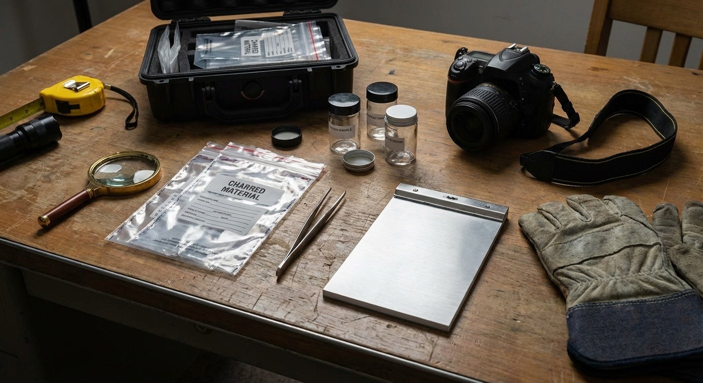Kit d investigation incendie professionnel avec loupe sacs a indices pinces et conteneurs de prelevement