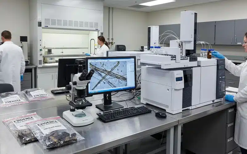 Laboratoire d'analyse forensique incendie avec echantillons