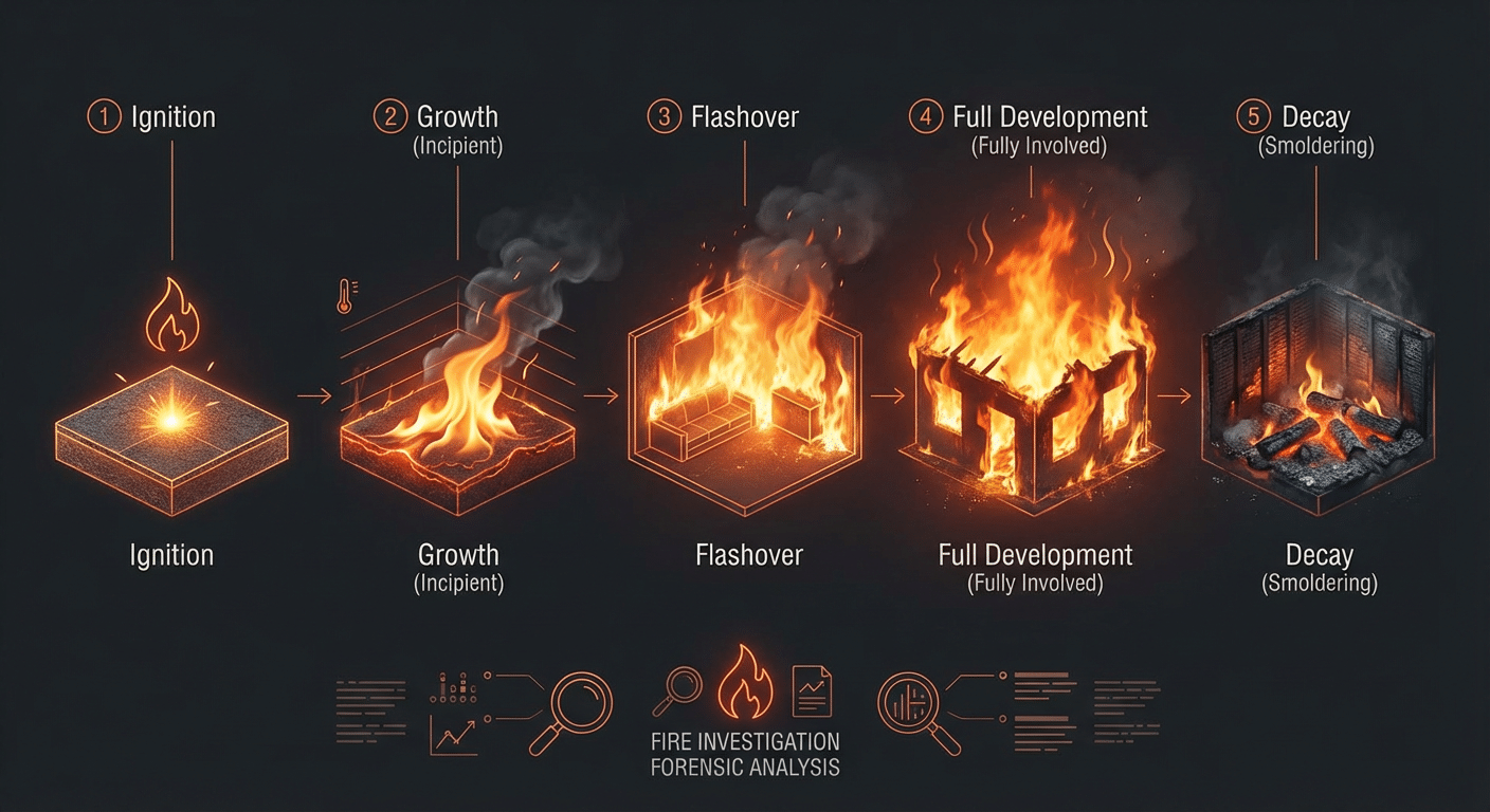 Les 5 phases de developpement d un incendie : eclosion, croissance, flashover, plein developpement et declin
