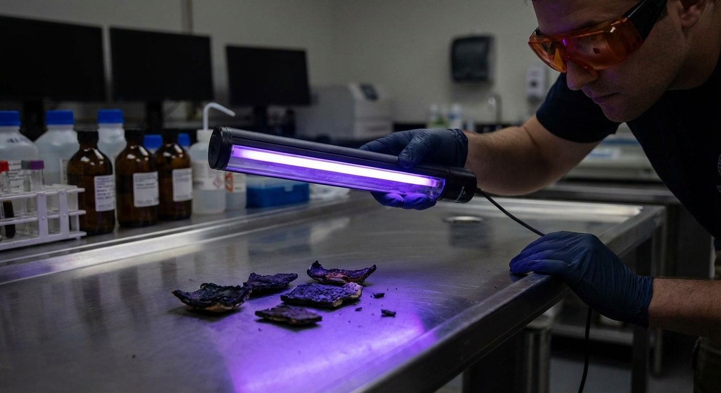 Expert incendie examinant des preuves avec un eclairage UV en laboratoire