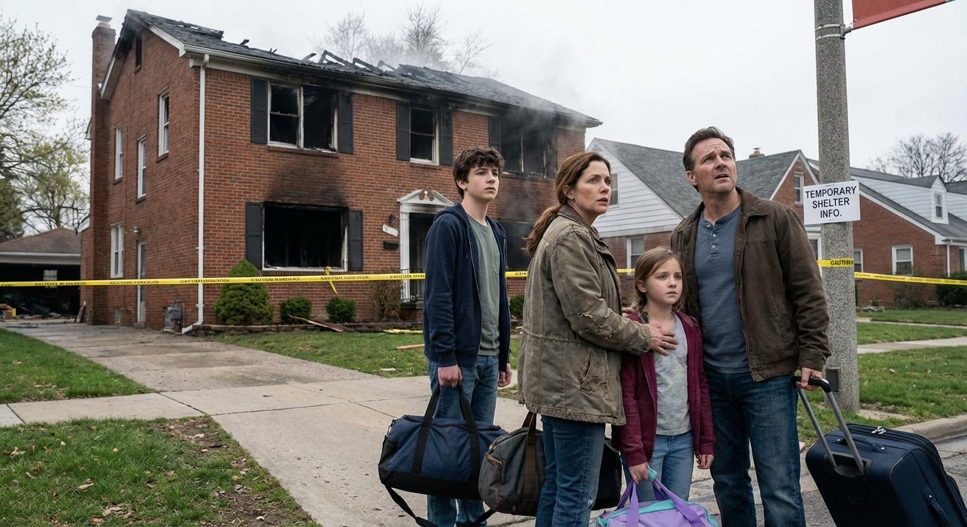 Famille devant leur maison endommagée par le feu