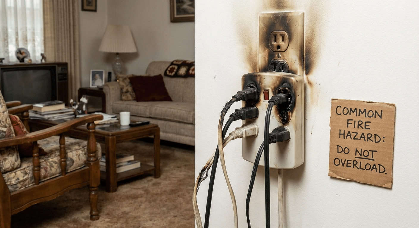 Multiprise surchargee avec traces de brulure cause frequente de negligence dans les incendies domestiques