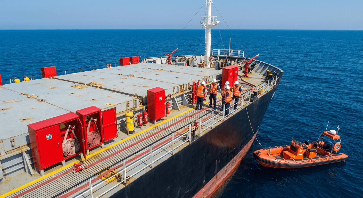Navire cargo avec equipements de securite incendie sur le pont
