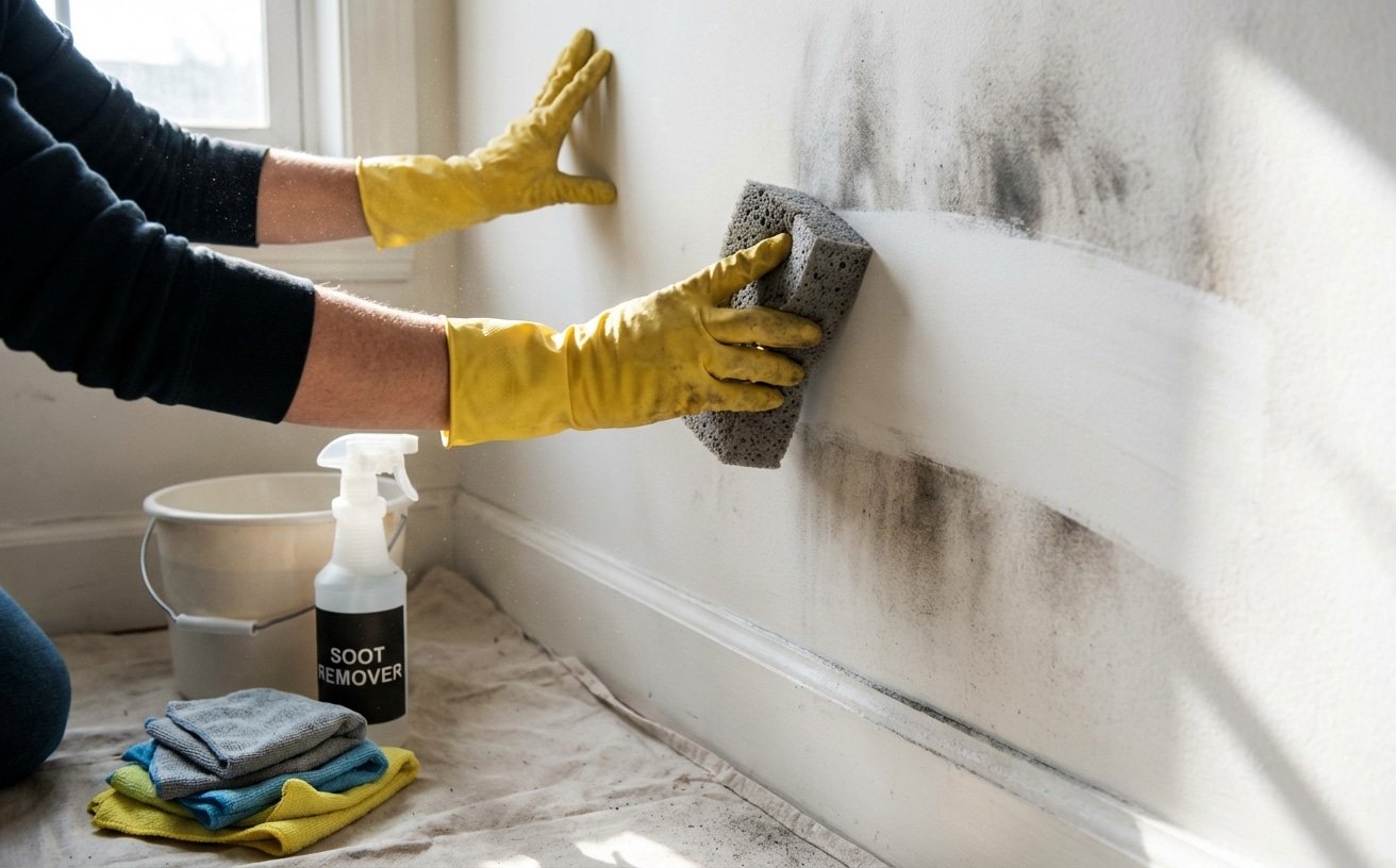 Nettoyage d un mur noirci avec une éponge chimique après incendie