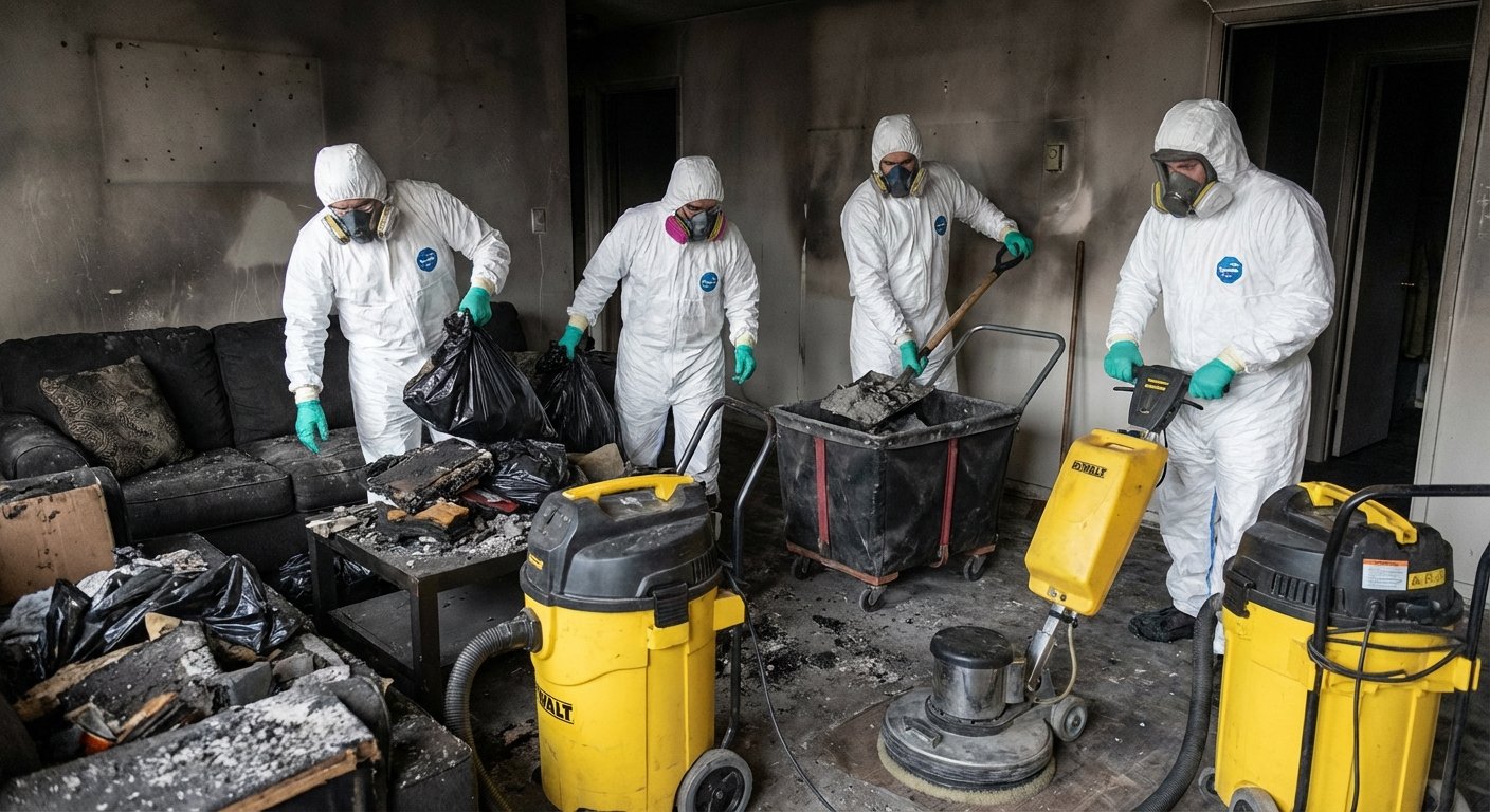 Equipe de nettoyage professionnel en combinaison intervenant apres un incendie