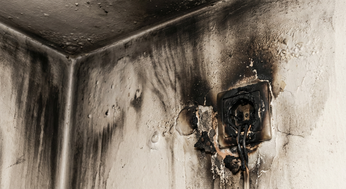 Depots de suie noire sur mur et plafond apres un incendie domestique
