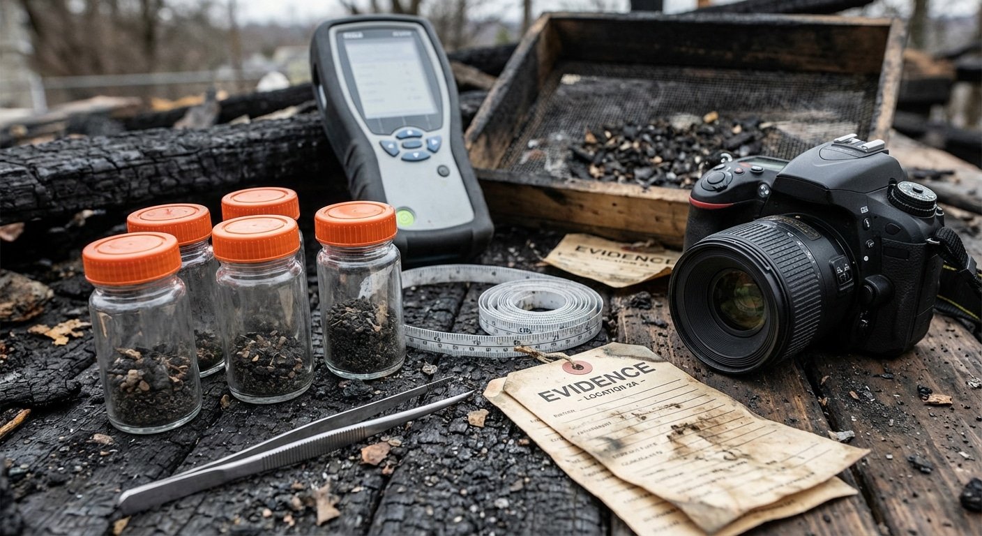 Outils de prelevement et materiel d investigation incendie sur une surface calcinee