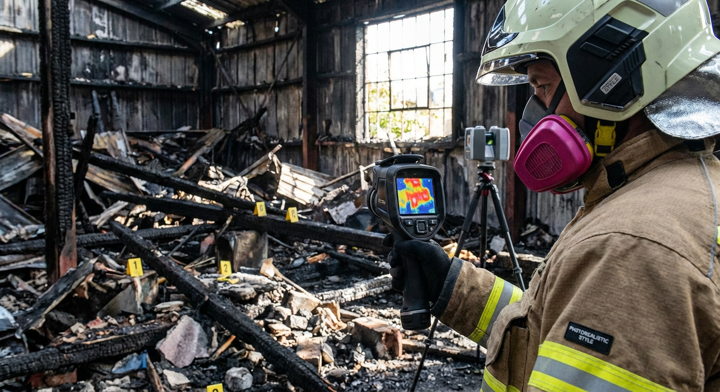 Expert incendie utilisant une camera thermique infrarouge pour analyser un batiment sinistre