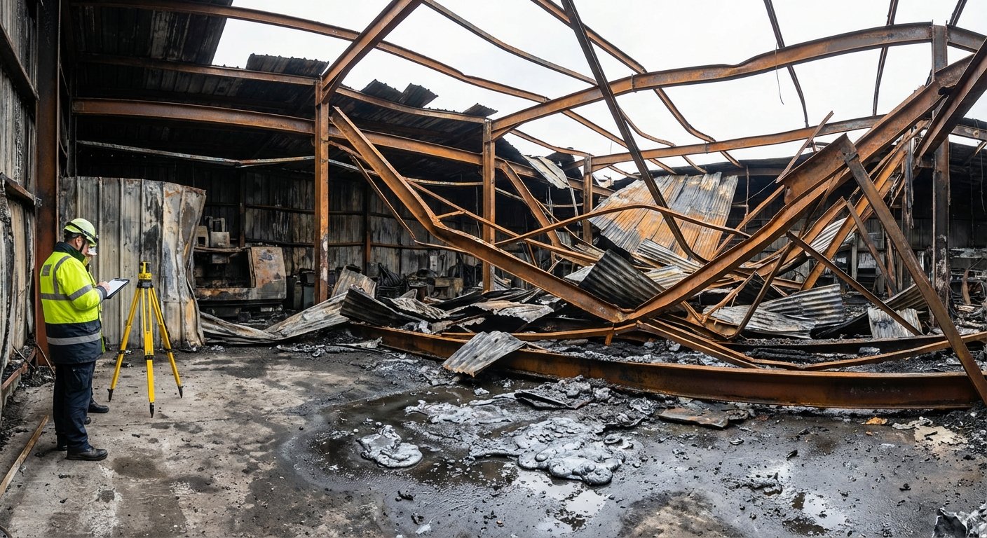 Poutres metalliques deformees par la chaleur apres un incendie en plein developpement