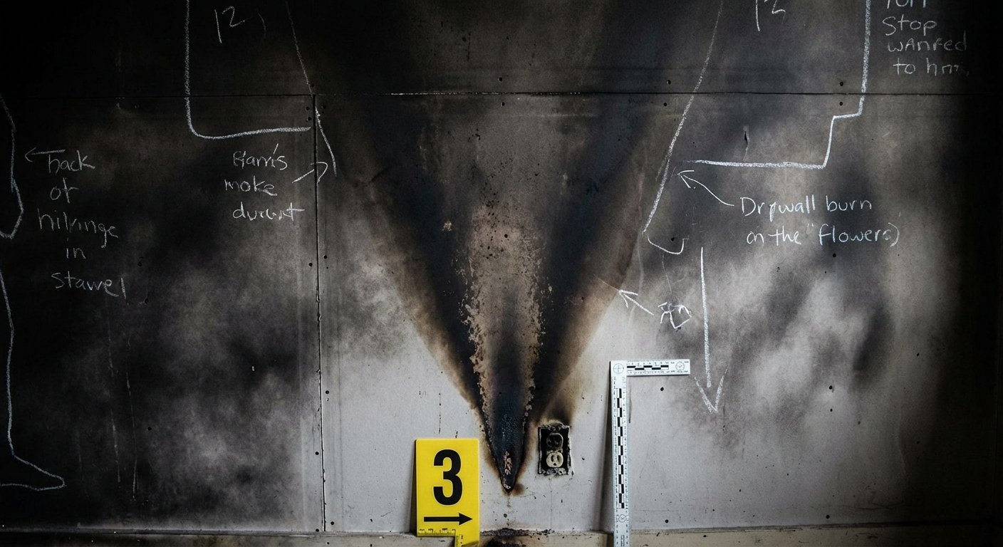 Trace de calcination en V sur un mur indiquant le point d origine d un incendie