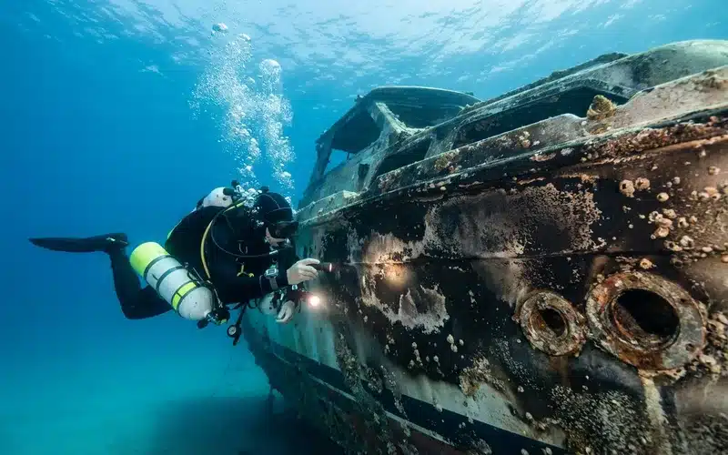 Plongeur inspectant la coque d un bateau sinistre