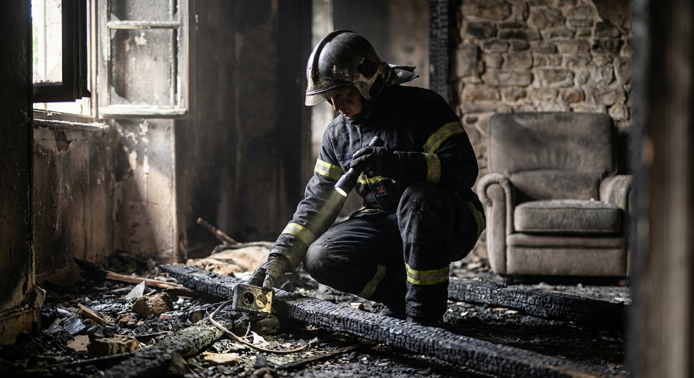 Pompier RCCI examinant les dégâts d'un incendie lors d'une investigation