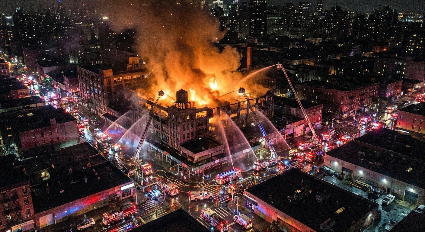Pompiers combattant un incendie de batiment la nuit en zone urbaine