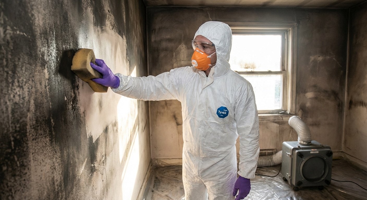 Professionnel en équipement de protection nettoyant un mur noirci par la fumée après un incendie avec une éponge chimique