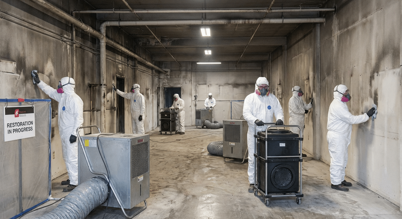 Equipe de restauration nettoyant un batiment apres dommages collateraux
