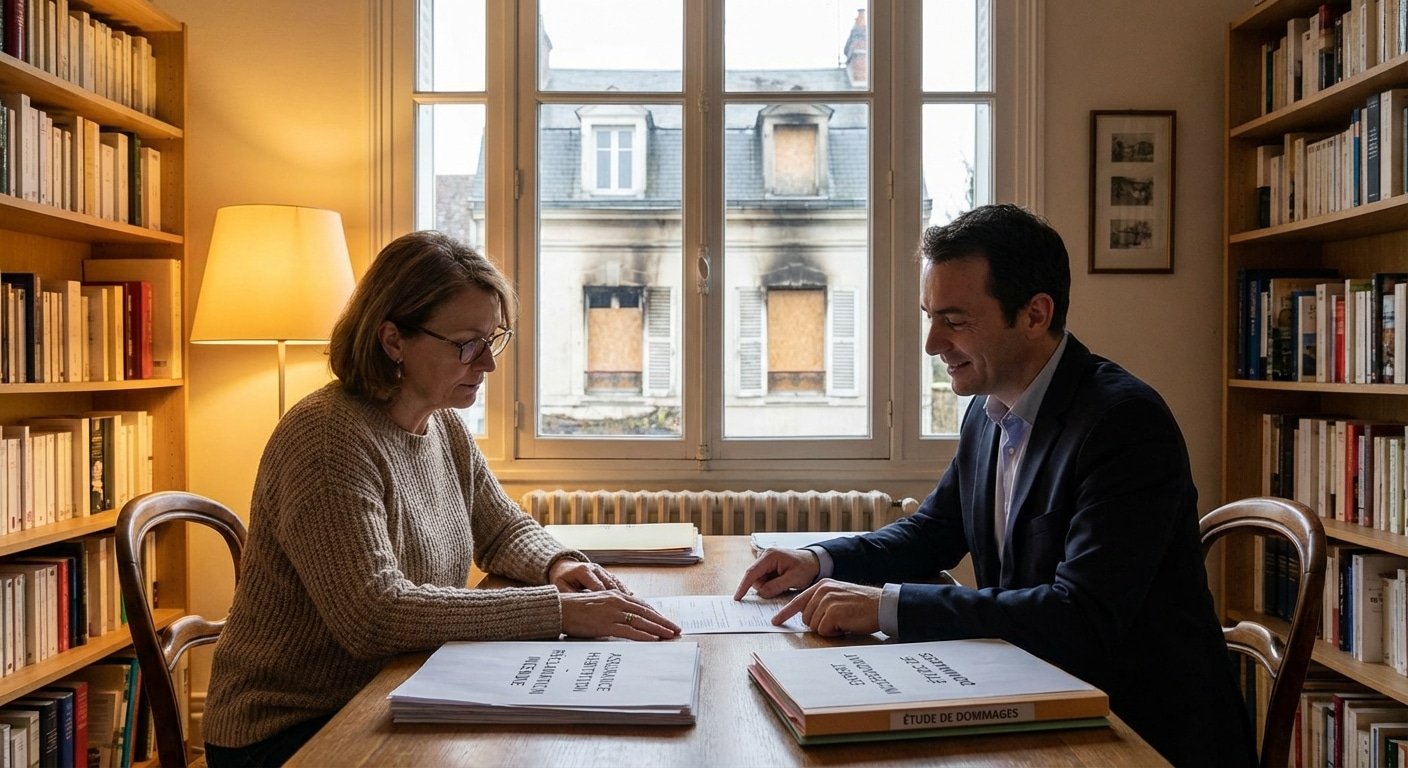 Propriétaire examinant son contrat d'assurance incendie habitation avec un expert d'assuré indépendant Fire Forensic