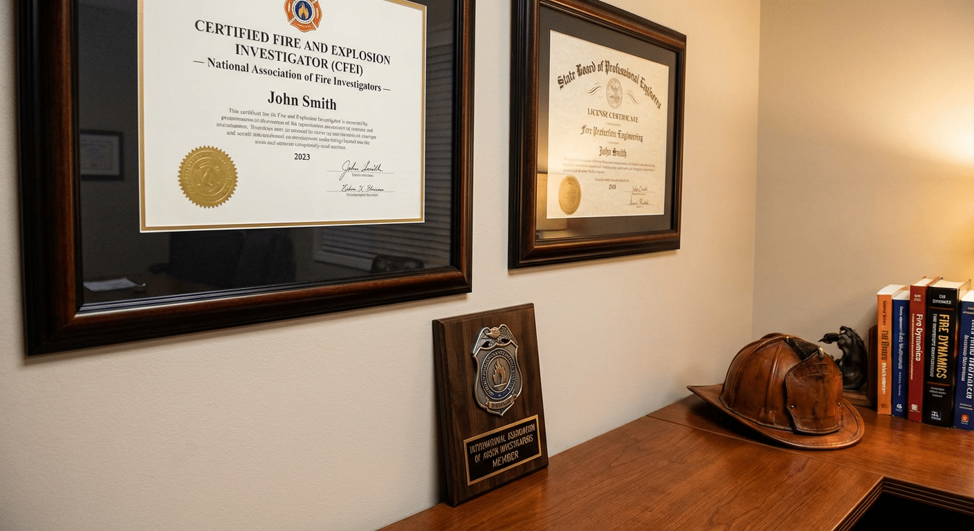 Certifications professionnelles CFEI et diplomes d expert en incendie affiches dans un bureau d investigation