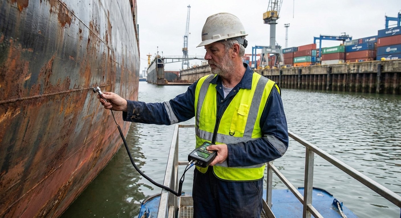 Expert maritime testant l epaisseur de la coque avec un appareil a ultrasons