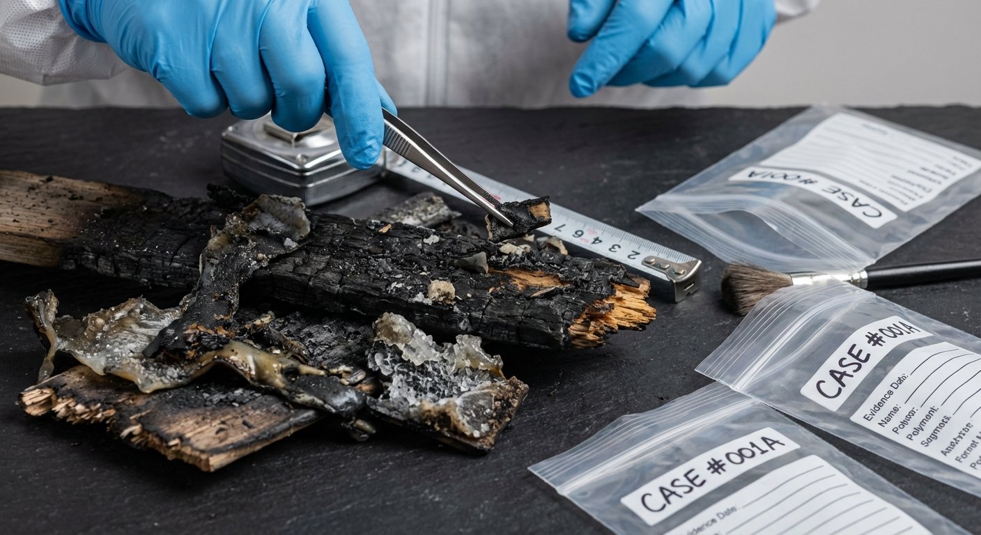 Collecte de preuves et indices sur un lieu d'incendie par un expert RCCI