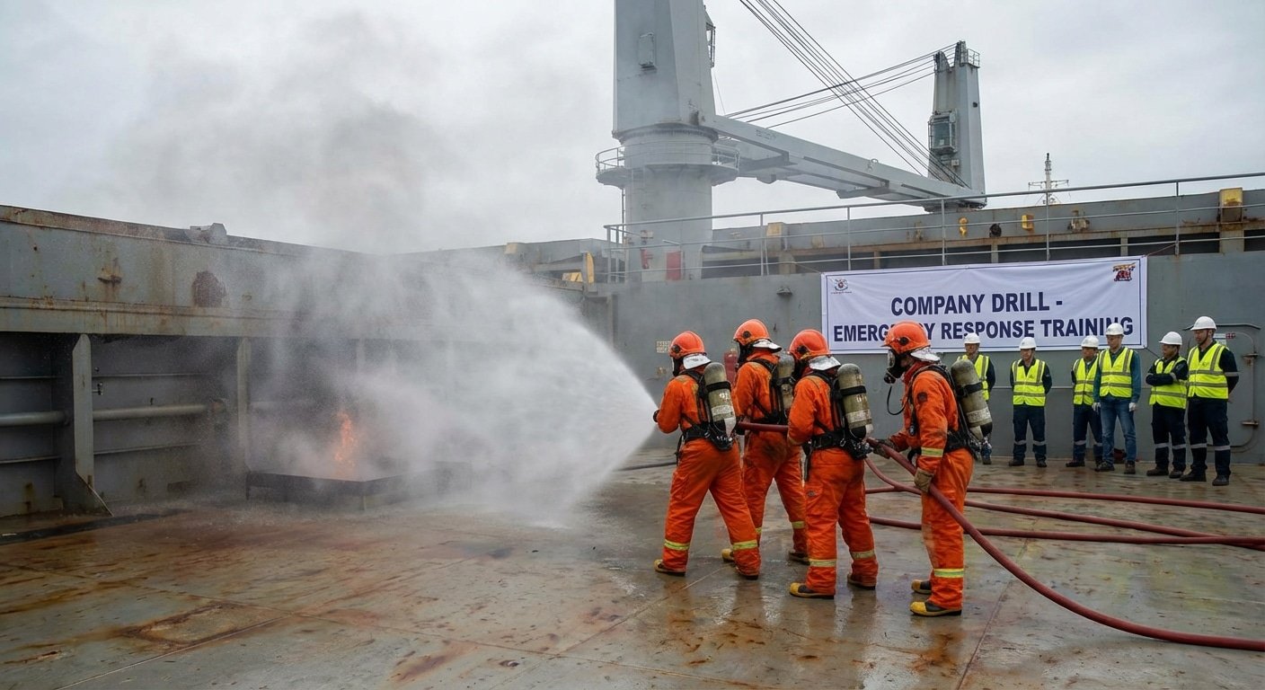 Equipage effectuant un exercice incendie sur le pont d'un navire