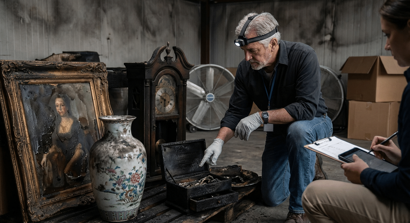 Expert evaluateur examinant des objets de valeur brules antiquites et mobilier pour chiffrer l indemnisation