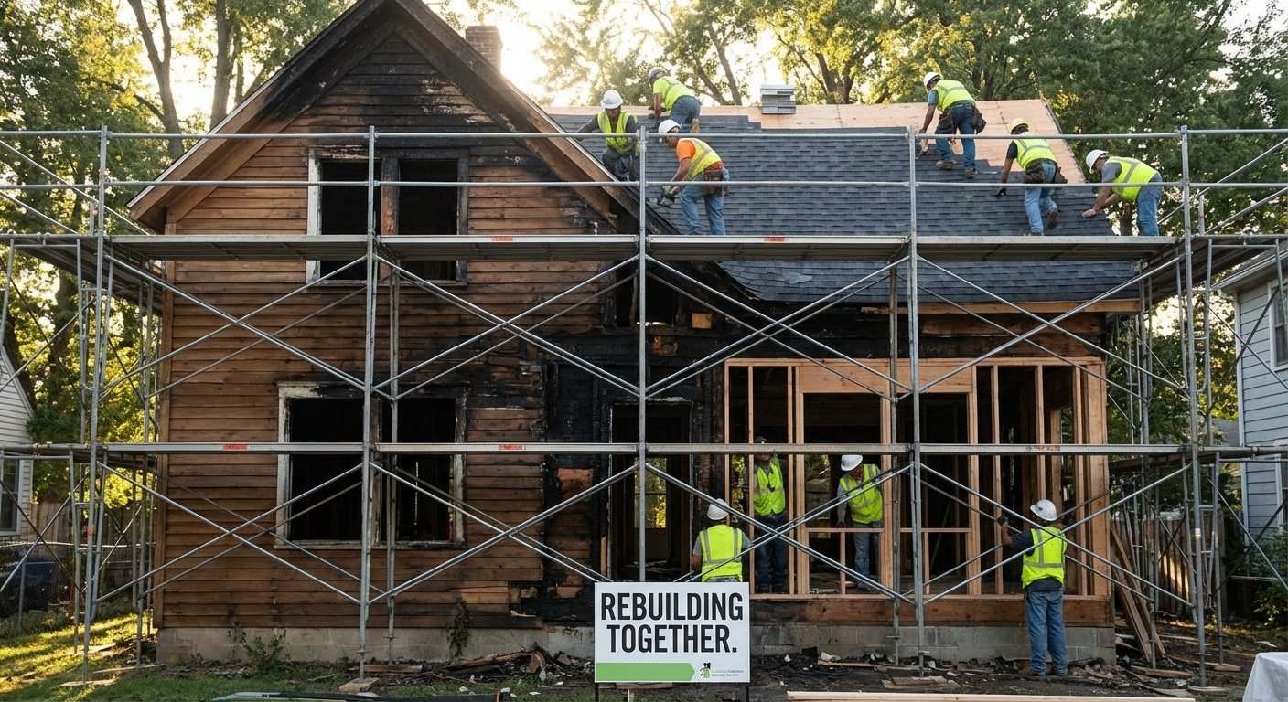 Reconstruction de maison en cours après incendie