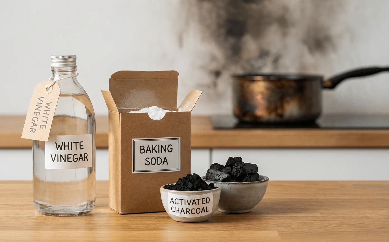 Remèdes naturels pour éliminer les odeurs de brûlé : vinaigre blanc, bicarbonate et charbon actif