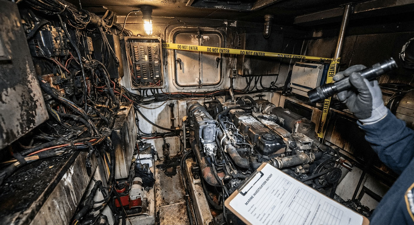 Salle des machines endommagee par le feu